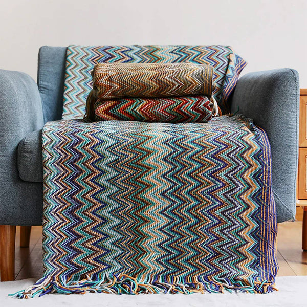 Zigzag Soft Boho Throw: Multi Blues