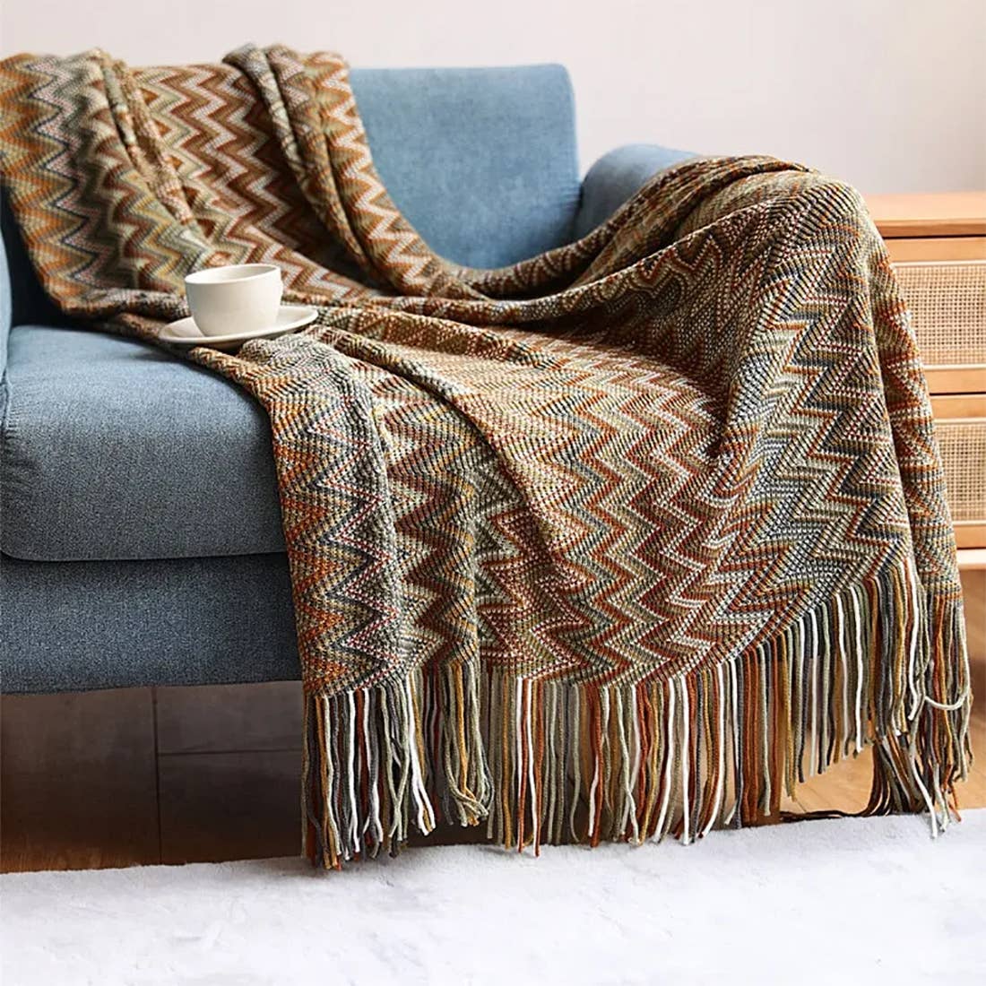 Zigzag Soft Boho Throw: Multi Greens