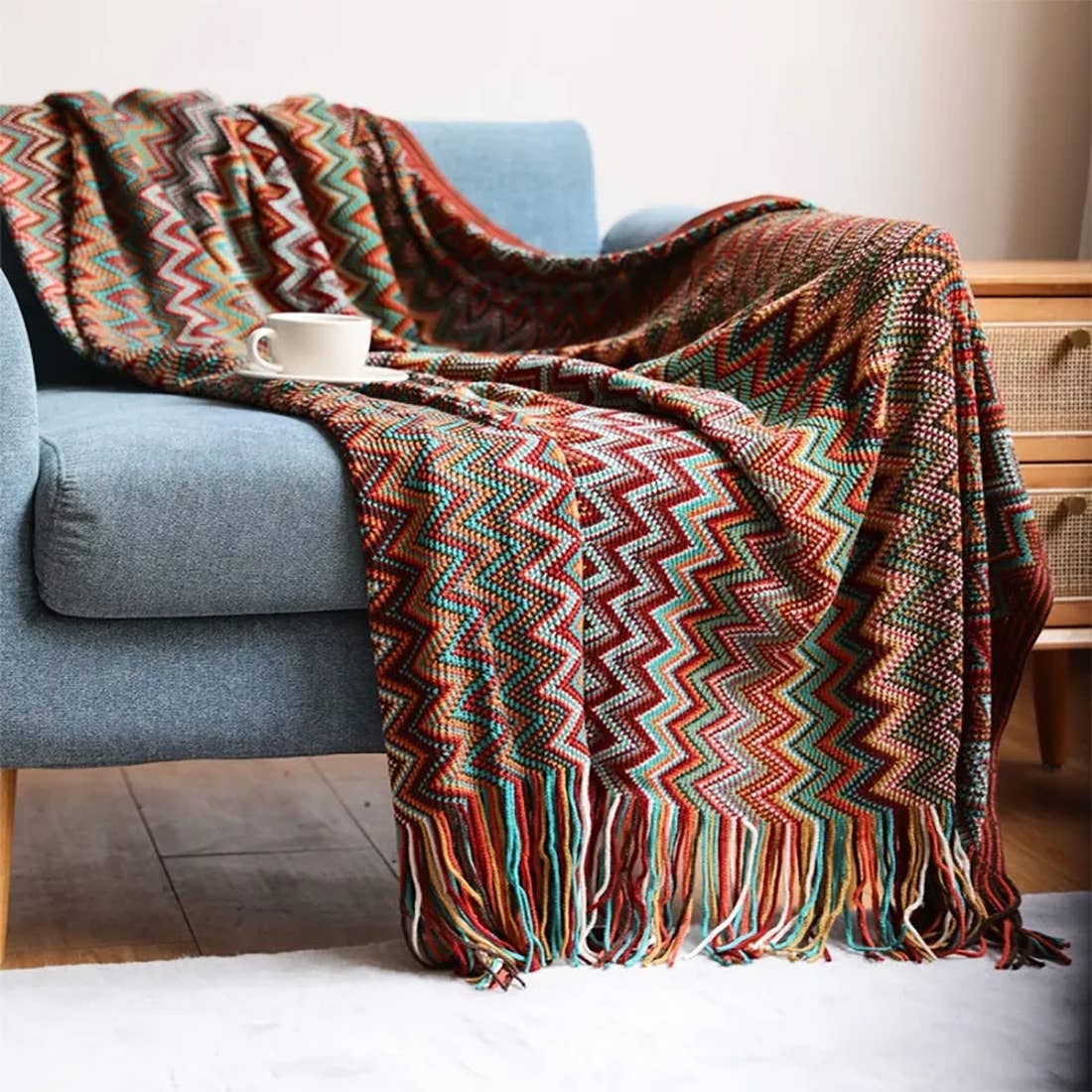 Zigzag Soft Boho Throw: Multi Red