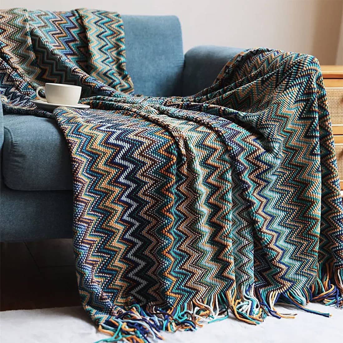 Zigzag Soft Boho Throw: Multi Blues