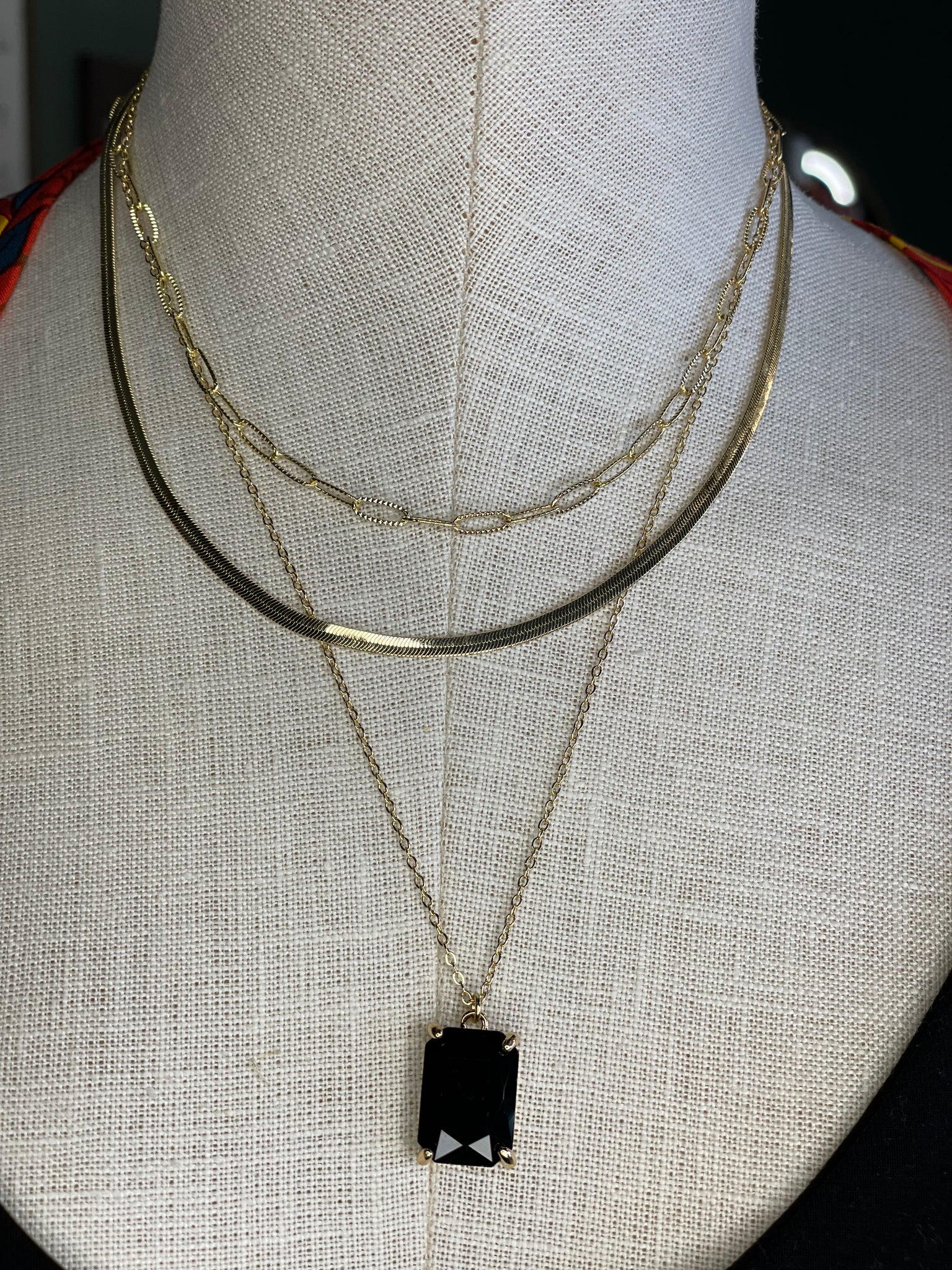 Triple Chain Black Stone Necklace