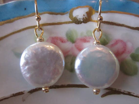 Gold White Freshwater Coin Pearl Earrings