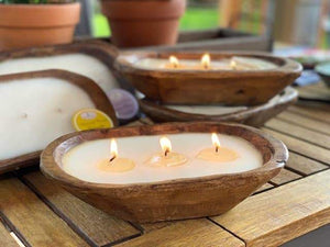 Hand Carved Wood Bowl 3-Wick Candle